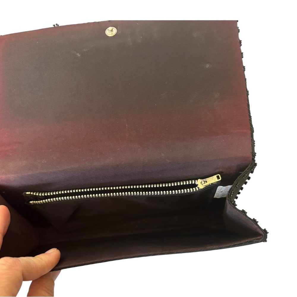 Vintage Hong Kong Hand Made Black Beaded Clutch Bag Satin Snap Closure 60s 70s - Picture 4 of 10